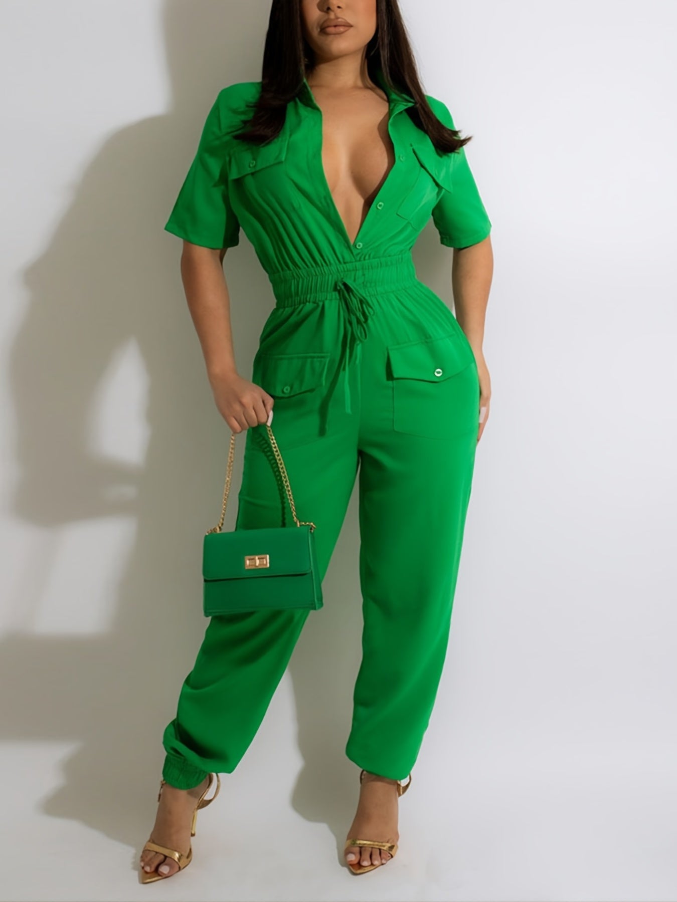 Solid Crop Sleeve Blouse Collar Fitted Tie Women Leisure Cargo Jumpsuit