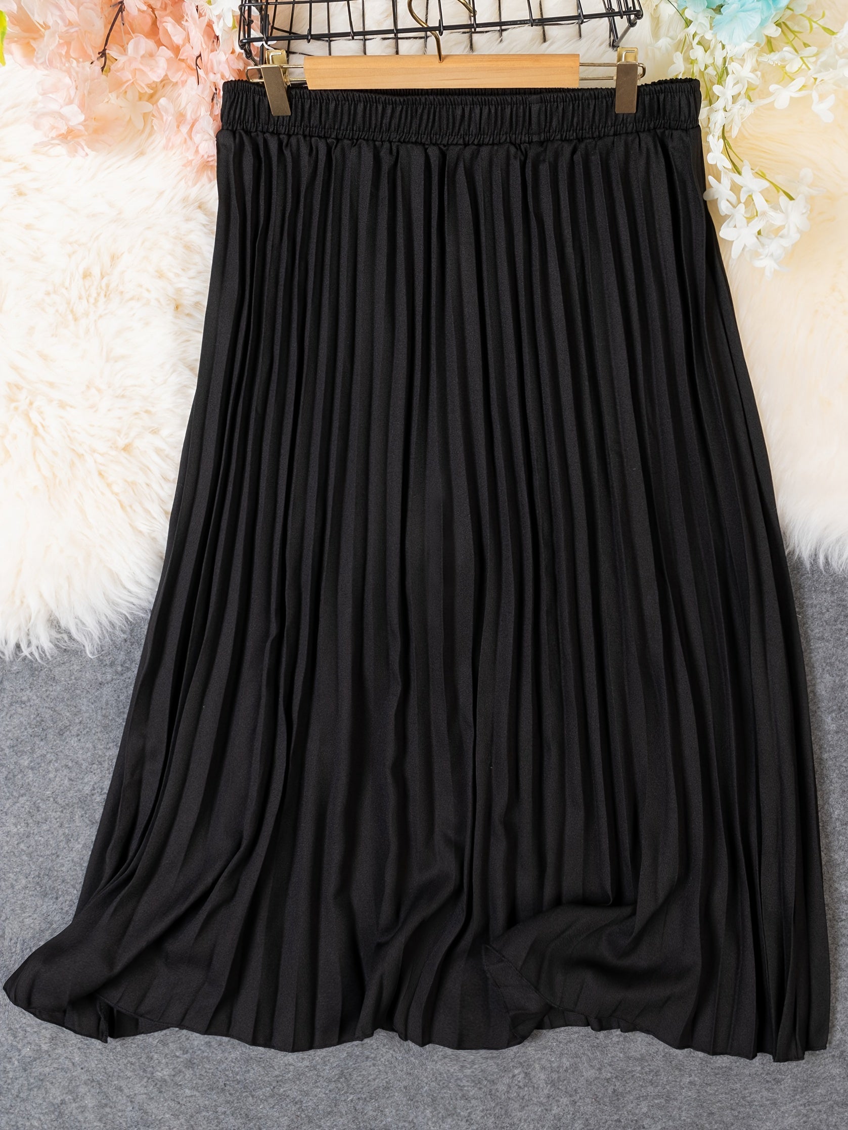 Solid Elastic High Rise Pleated Maxi Skirt