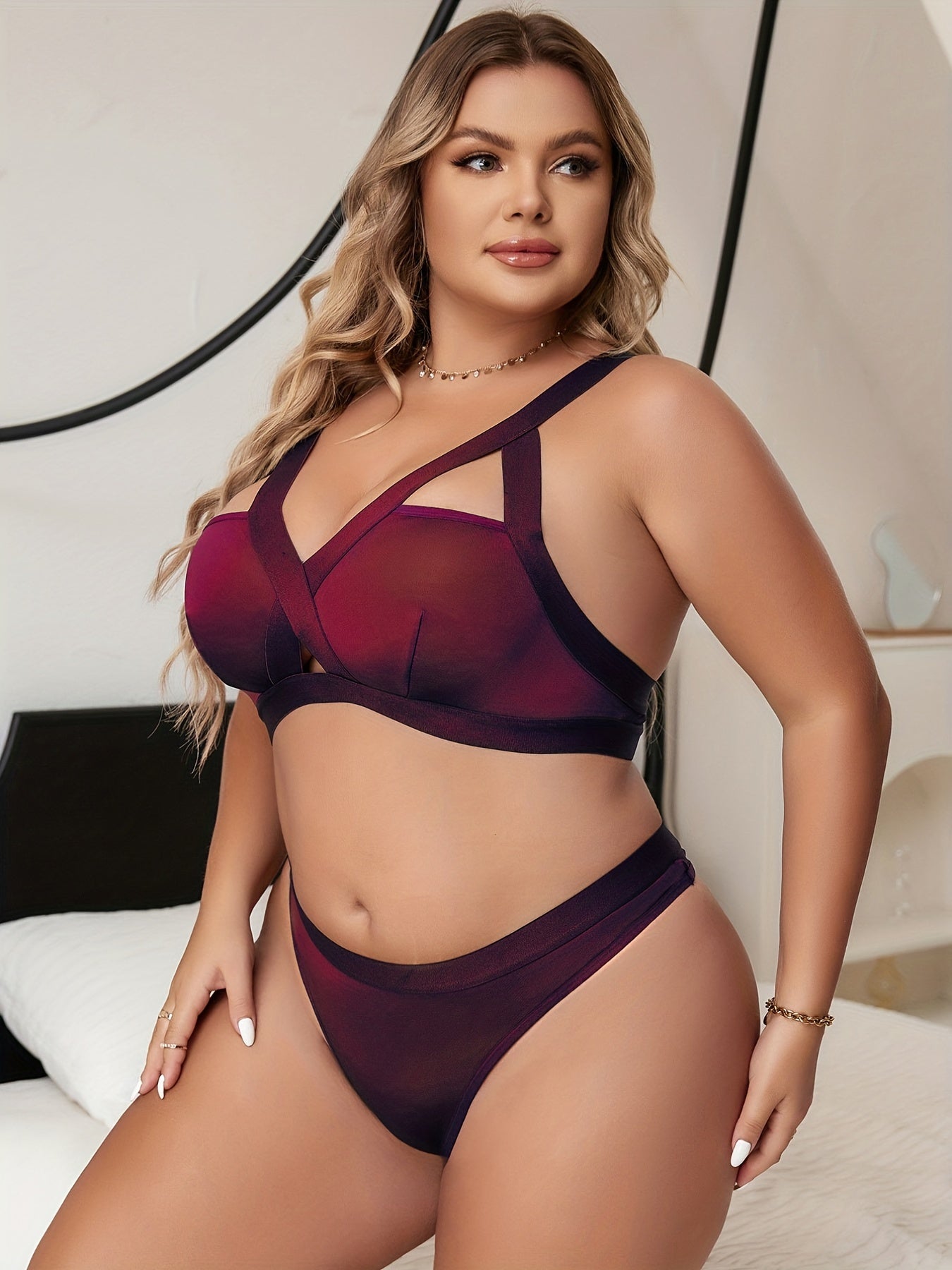 Sexy 2 Pc Set: Criss Cross Cut Out Ring Decor Bra & Underwear