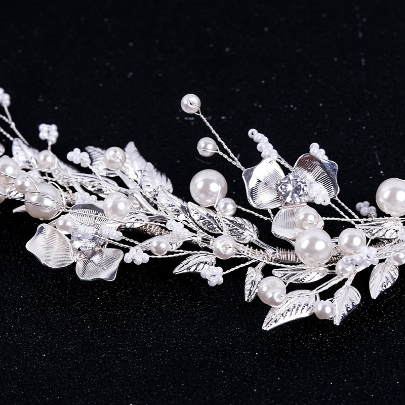 Bridal Silver Leaf Pearl Headband Tiara Wedding Hair Band