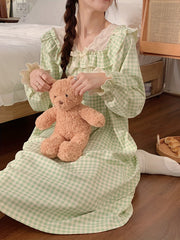 Plaid Print NightDress Ruffle Long Sleeve Crew Neck Pajama Dress