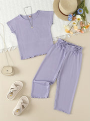 Girl's Ribbed T-shirt & Bowknot Pants Set Summer Outfit