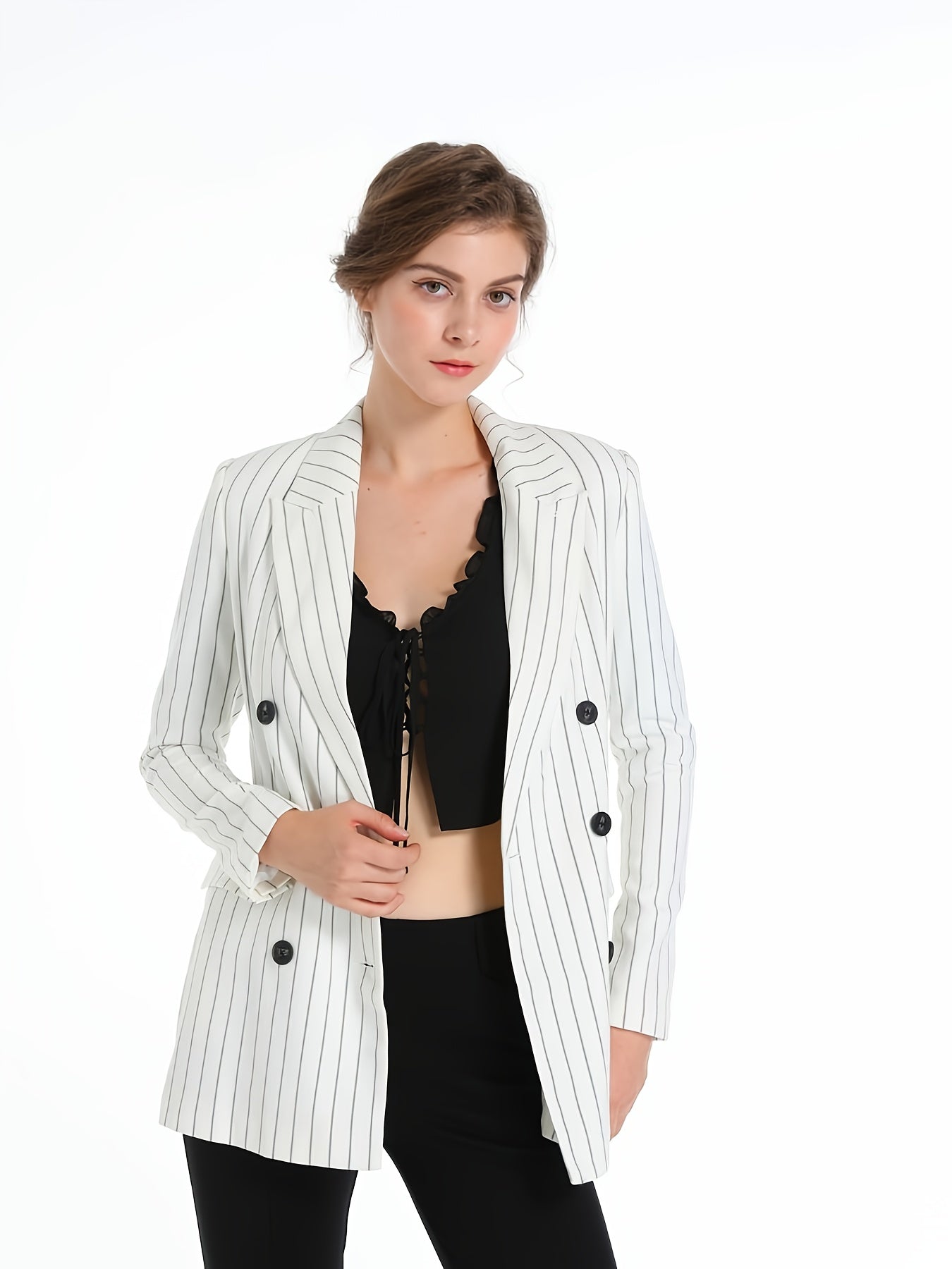 Striped Double Breasted Blazer Coat Casual Long Sleeve Loose Blazer