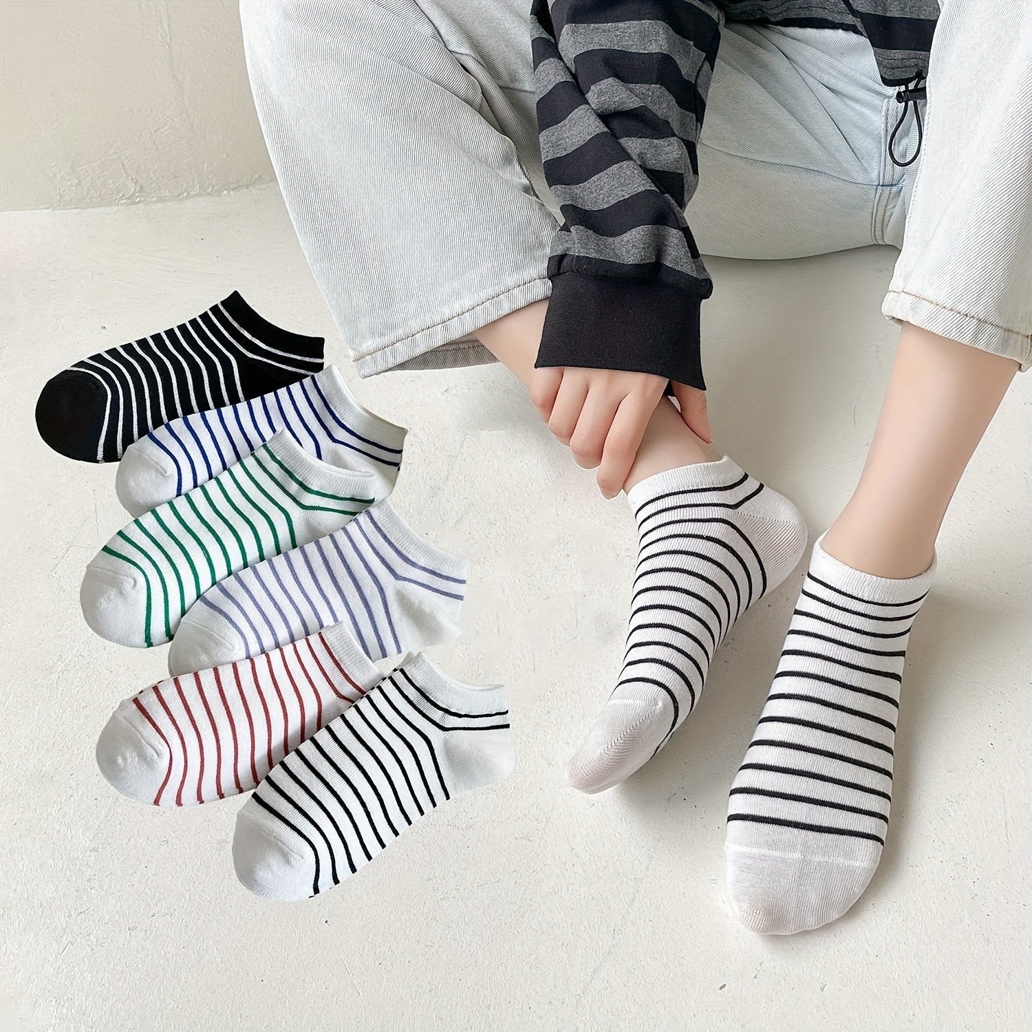 6 Pairs Striped Ankle Socks Women's Short Stockings & Hosiery