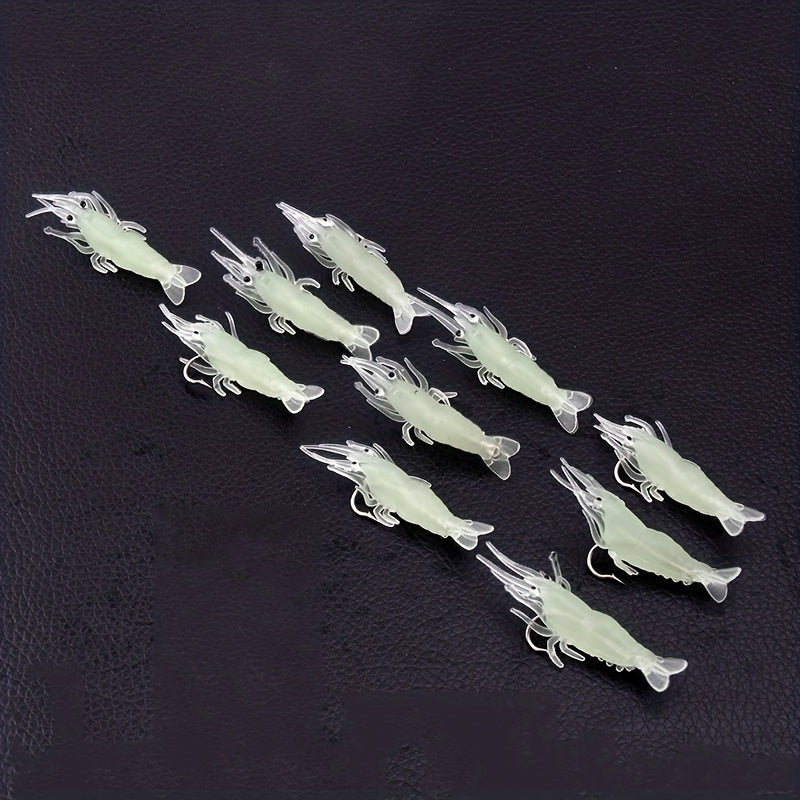 10pcs Luminous Shrimp Soft Bait w/Hooks for Carp Fishing Silicone Glow in Dark