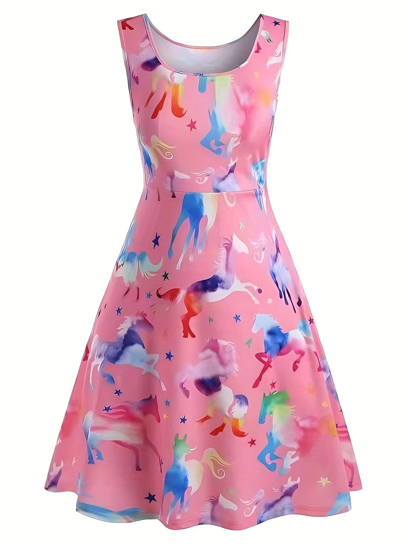 Tank Dress Ombre Horse & Star Print Round Neck A line