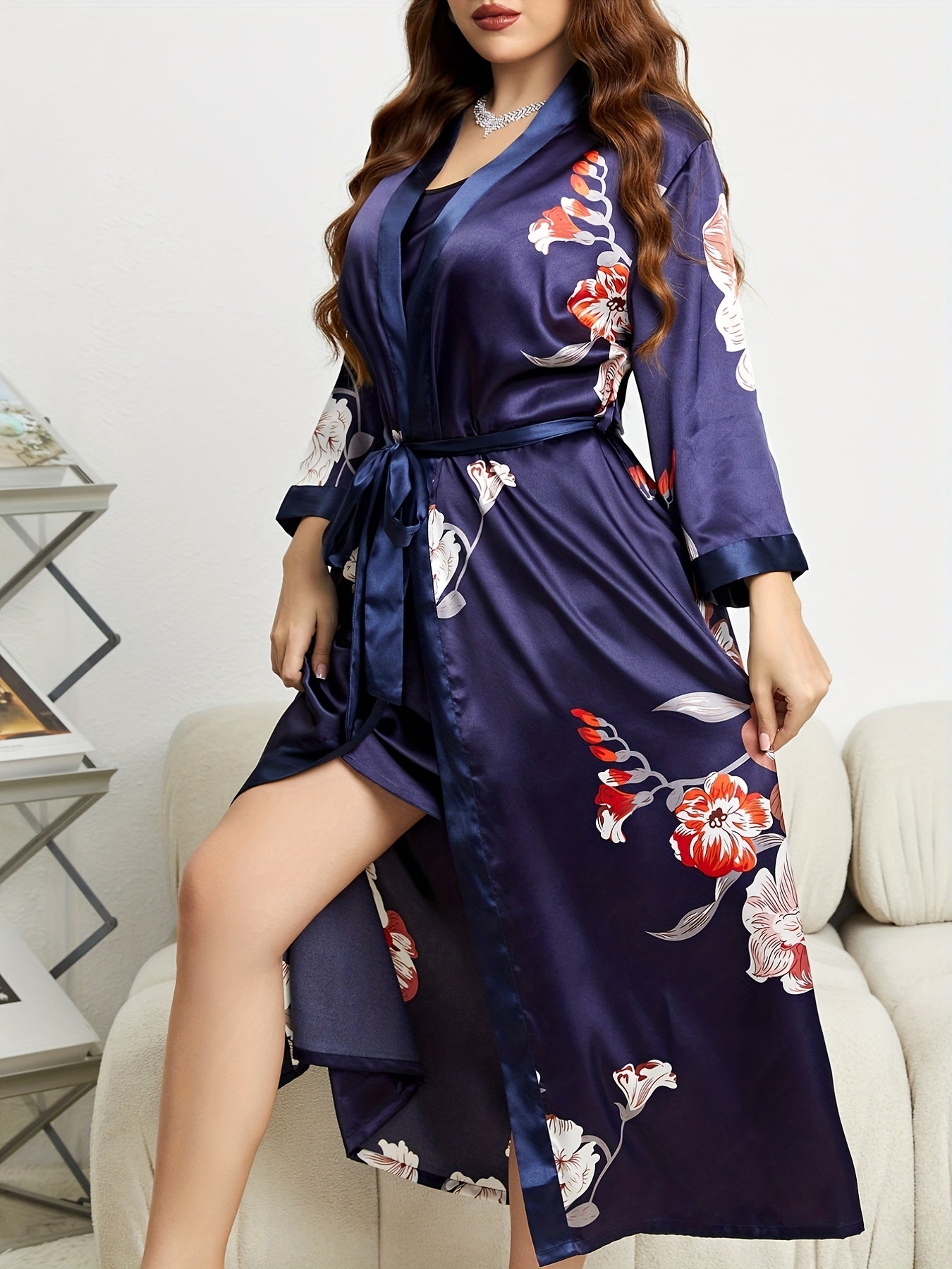 Floral Print Long Sleeve Robe With Belt Plus V Neck Nightgown