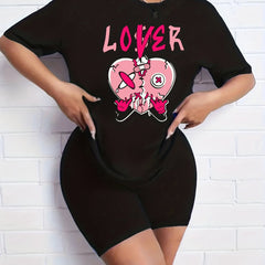 2pcs Heart Graphic T Shirt & Solid Shorts Set Women's Activewear