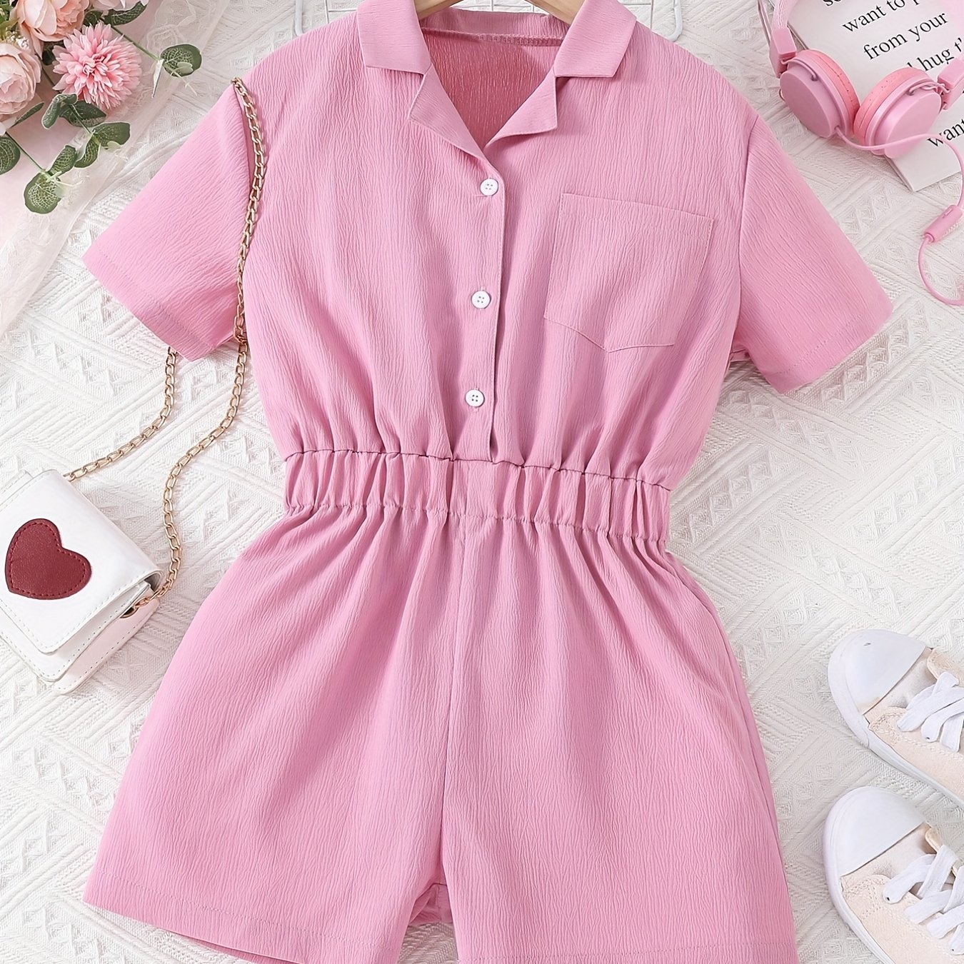 Sweet Lapel Short Sleeve Romper Elastic Waist Outfit
