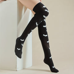 Bat Print Thigh High Socks Halloween Funny Over The Knee Socks Women's Stockings