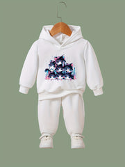 Disco Kitty Print Girls Hoodies Jogger Pants Set for Sports Spring Fall