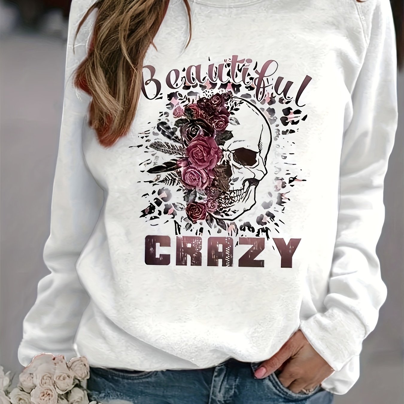 Crazy & Skull Print Sweatshirt Long Sleeve Crew Neck Women's Clothing