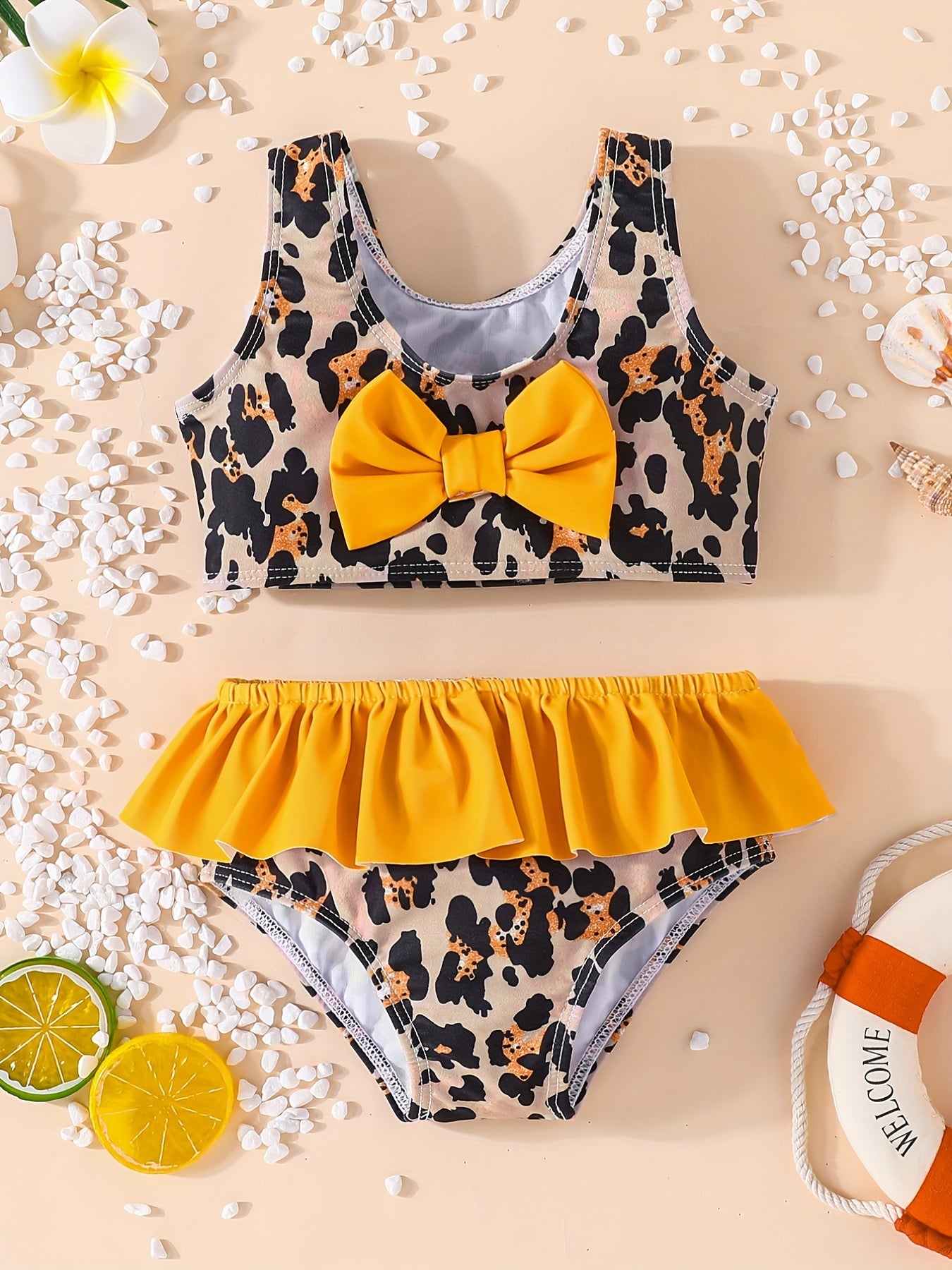 Girls Leopard Print Bow Ruffles Bikini Swimsuit Beach Swimwear Bathing Suits