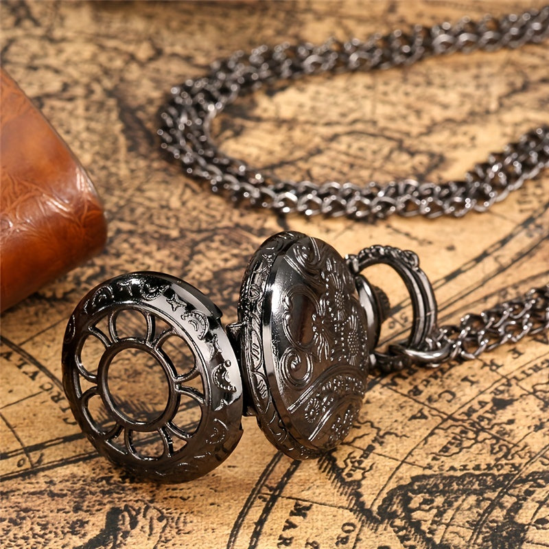 Hollow Flower Cover Pocket Watch Quartz Movement Necklace Chain