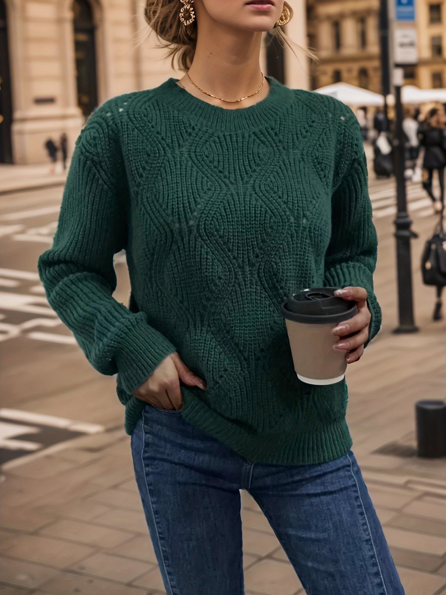 Solid Knit Long Sleeve Crew Neck Sweater for Women