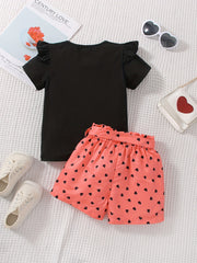 Girls Cat Graphic T-shirt & Heart Graphic Shorts Set for Summer Holiday Party