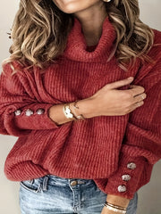 Solid Turtleneck Sweater with Button Decor
