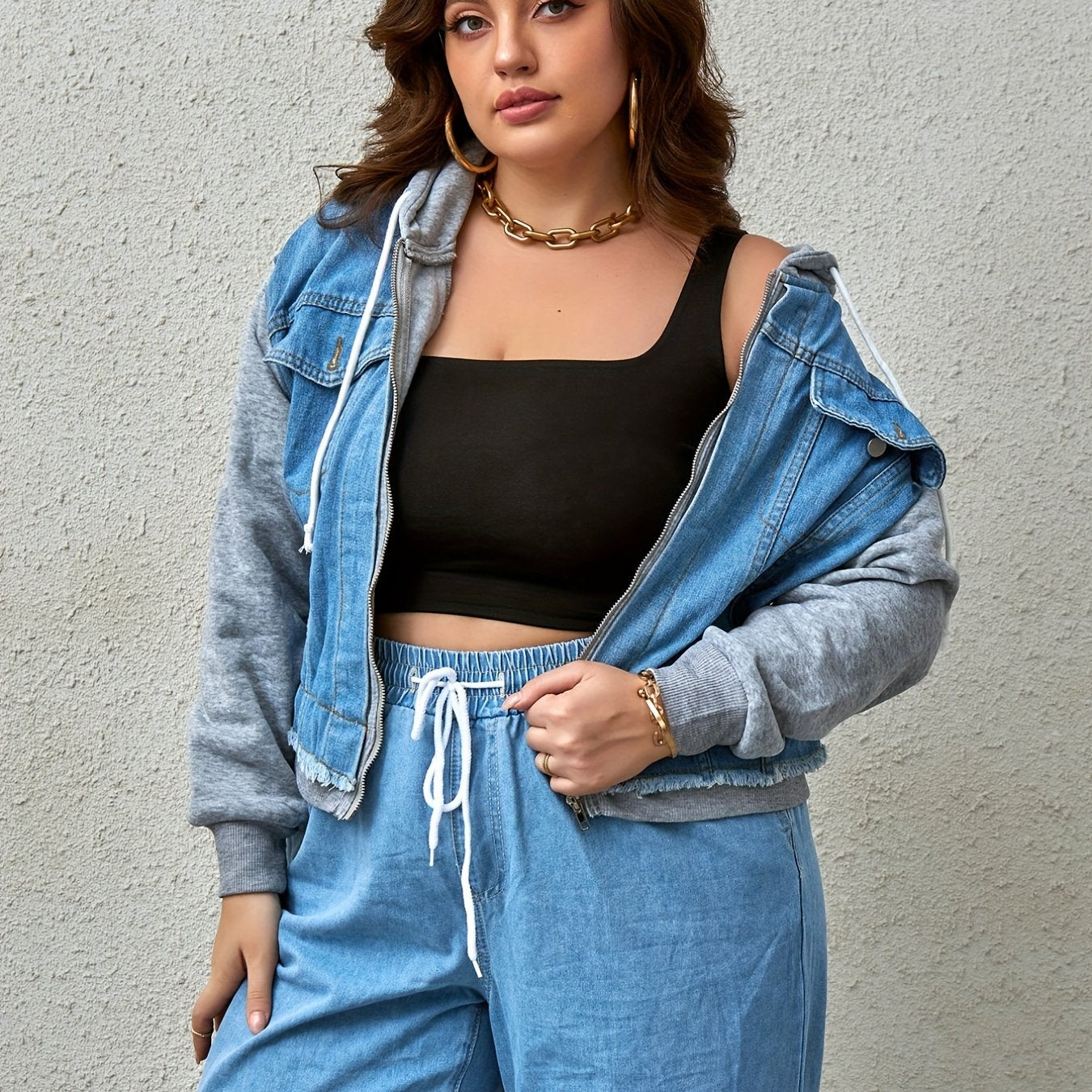 Colorblock Hooded Denim Jacket
