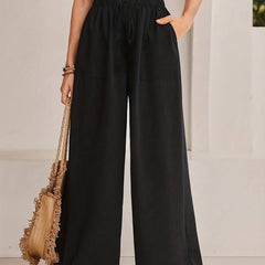 Solid Wide Leg Pants Paper Bag Waist Casual Pants