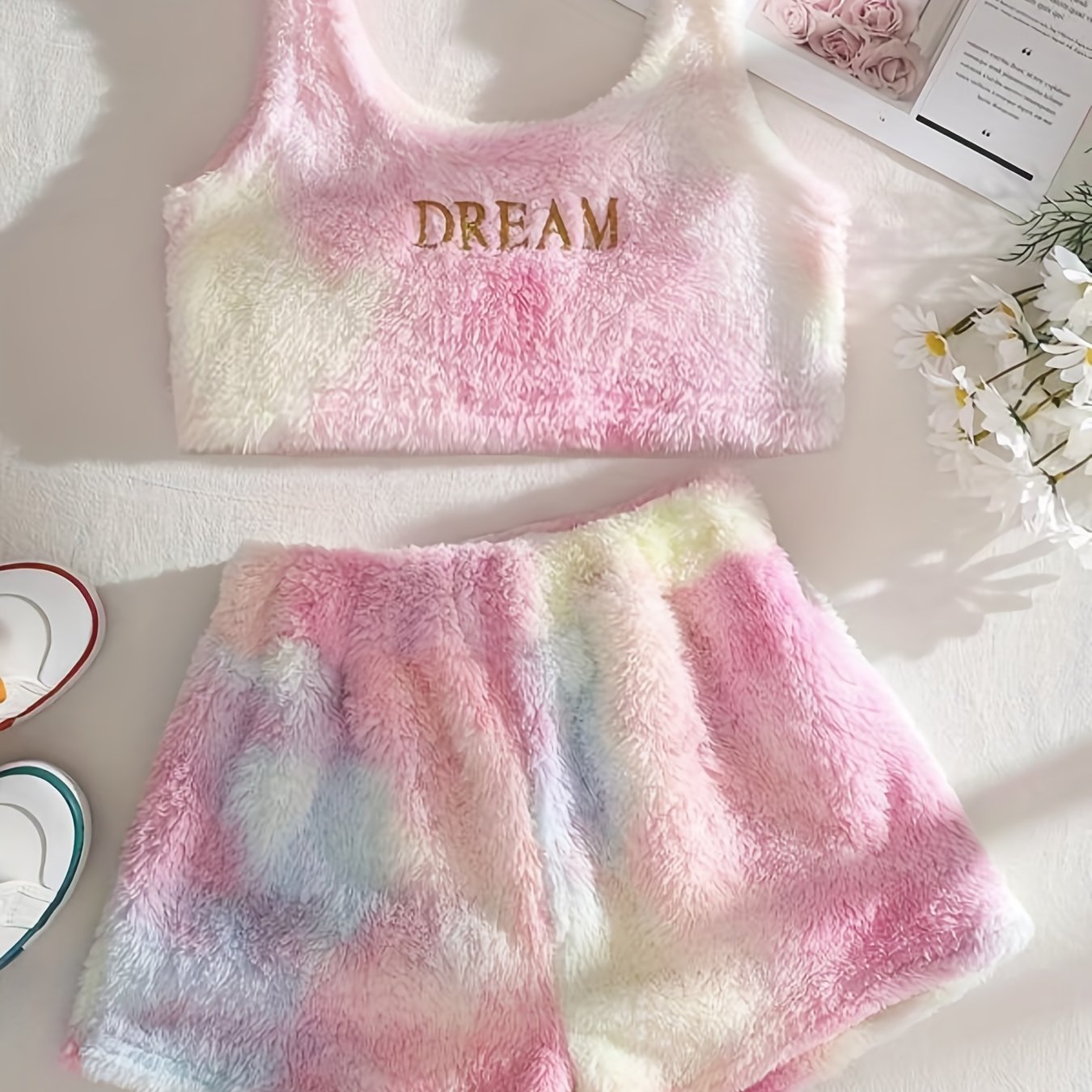Plush Lounge Set Crew Neck Tank Top & Shorts