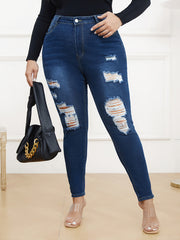Solid Ripped Button Fly High Rise Skinny Jeans