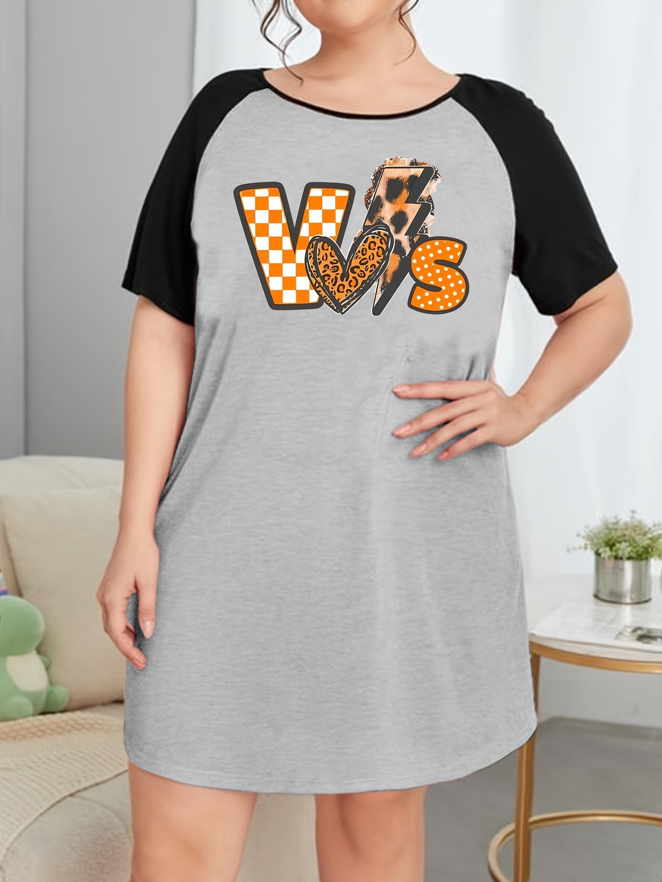 Checkered & Leopard Print Round Neck Tee Sleep Dress