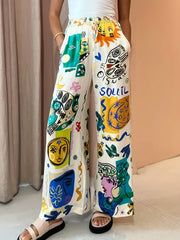 Graphic Print Elastic Waist Straight Leg Pants Women's Clothing