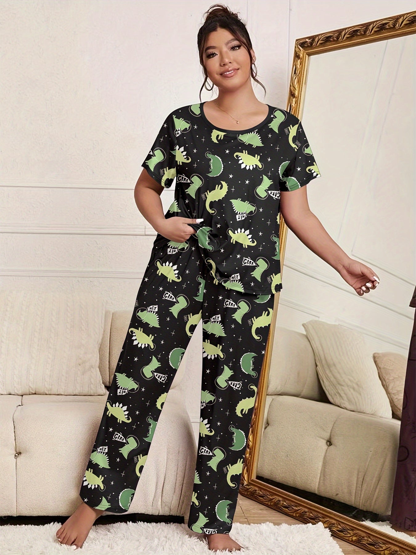 Dinosaur Print Pajamas Set Short Sleeve Tee & Pants Loungewear