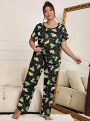 Dinosaur Print Pajamas Set Short Sleeve Tee & Pants Loungewear