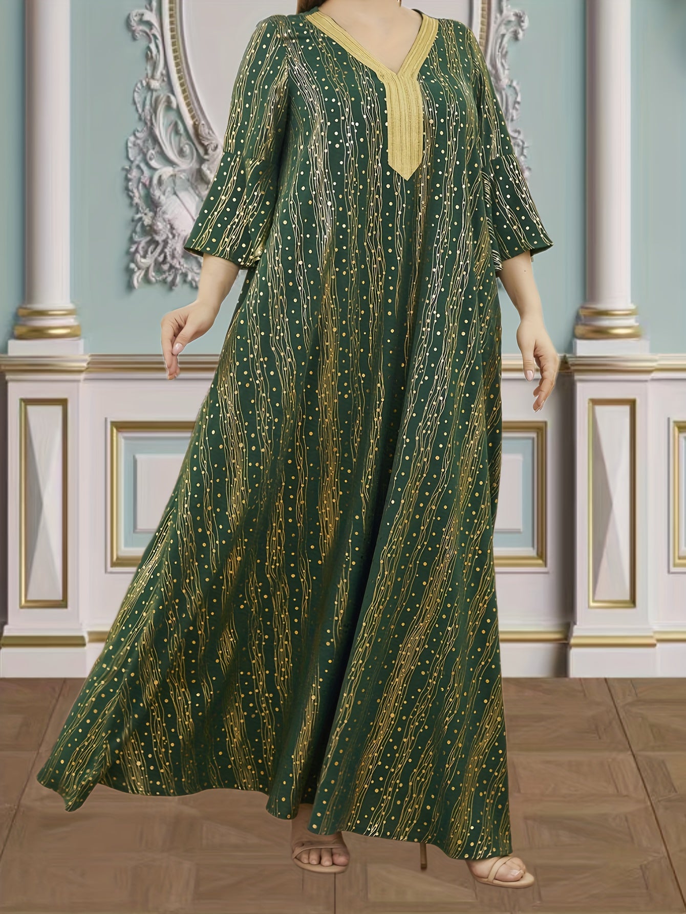 Kaftan Dress Women's Plus Dot & Stripe Print Lace Panel Maxi Kaftan