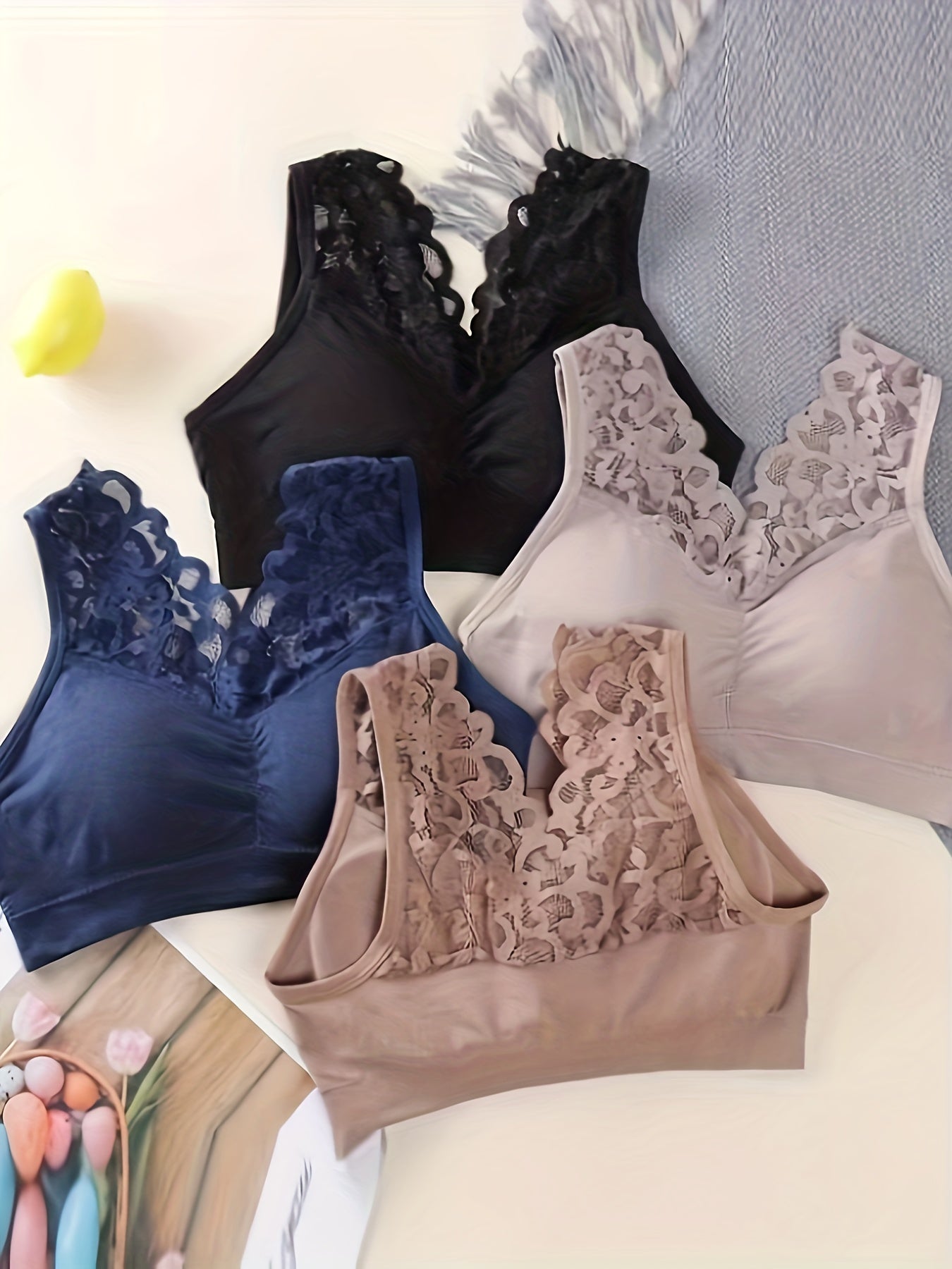 4pcs Wireless Lace Bras Scallop Trim Lingerie