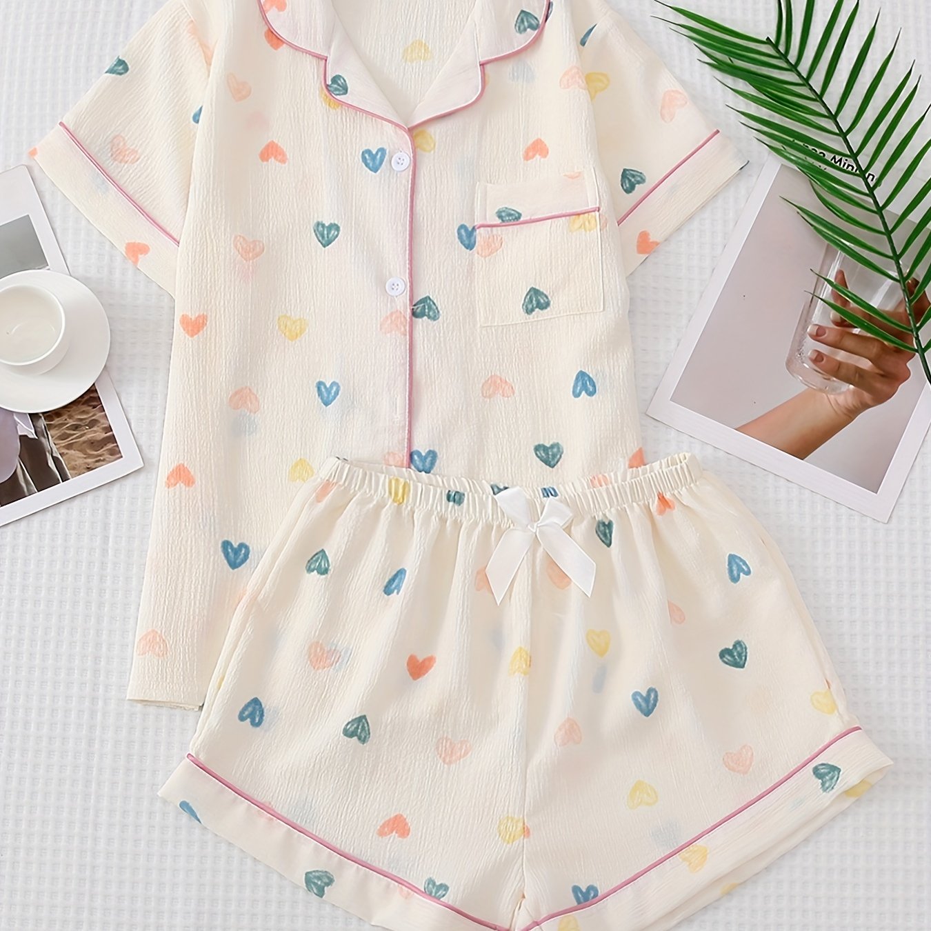 Heart Print Pajama Set Short Sleeve Lapel Buttons Top & Elastic Waistband Shorts