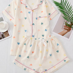 Heart Print Pajama Set Short Sleeve Lapel Buttons Top & Elastic Waistband Shorts