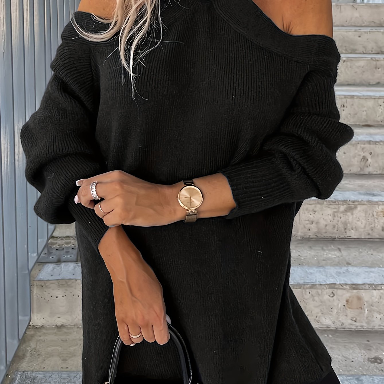 Solid Lantern Sleeve Cold Shoulder Jumper