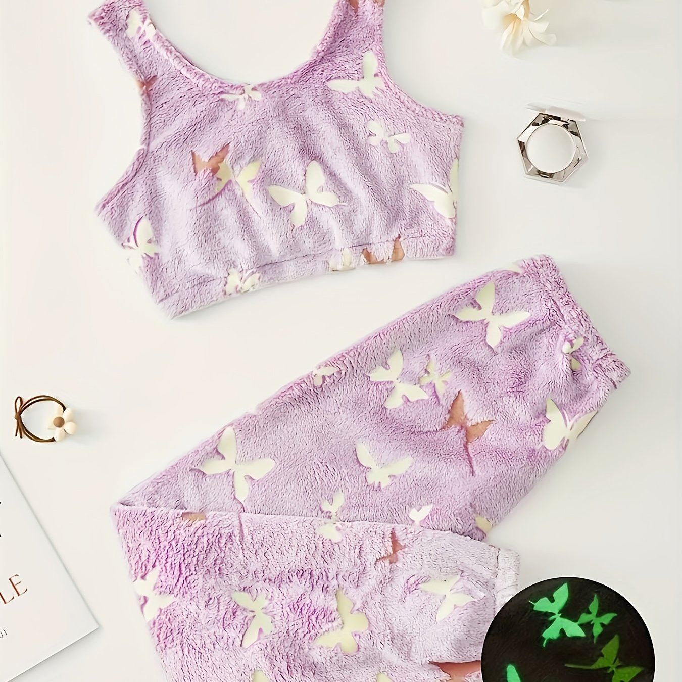 Women's Plus Butterfly Flannel Tank Top & Pants Pajama Set