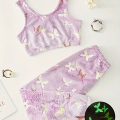 Women's Plus Butterfly Flannel Tank Top & Pants Pajama Set