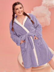 Women's Plus Flannel Long Sleeve Fleece Hooded Bathrobe