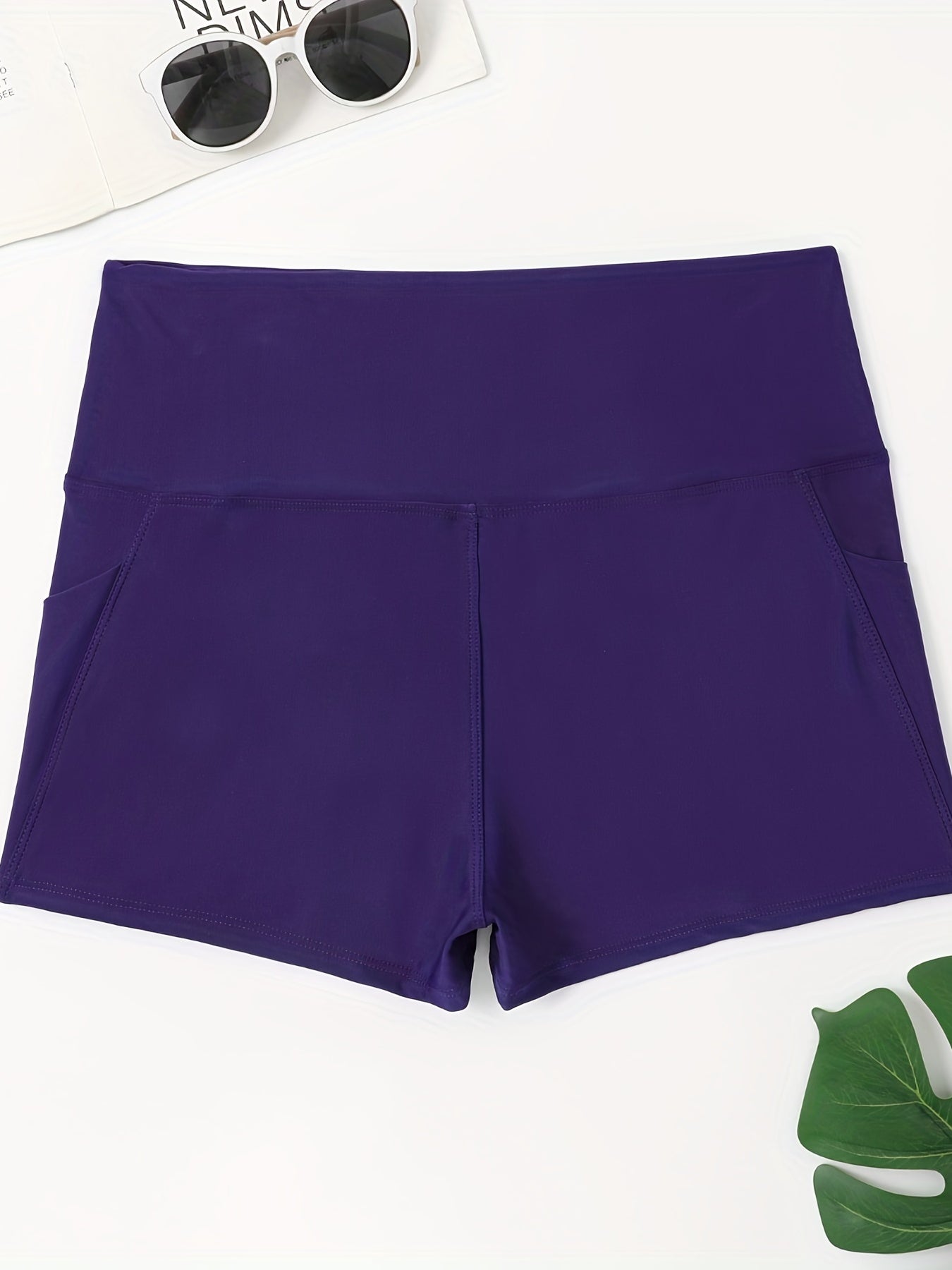 Women's Plus Solid Pipping High Rise Swimsuit Shorts With Pockets