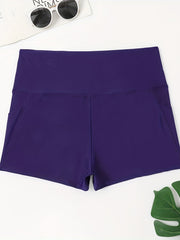 Women's Plus Solid Pipping High Rise Swimsuit Shorts With Pockets