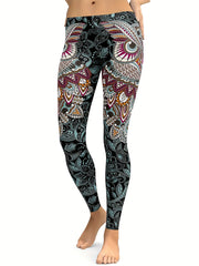 Women's Feather & Eye Print Yoga Leggings Mid Waist High Stretch Gym Pants