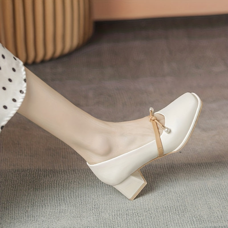 Retro Pearl Decor Square Toe Pumps Chunky Heel Dress Shoes
