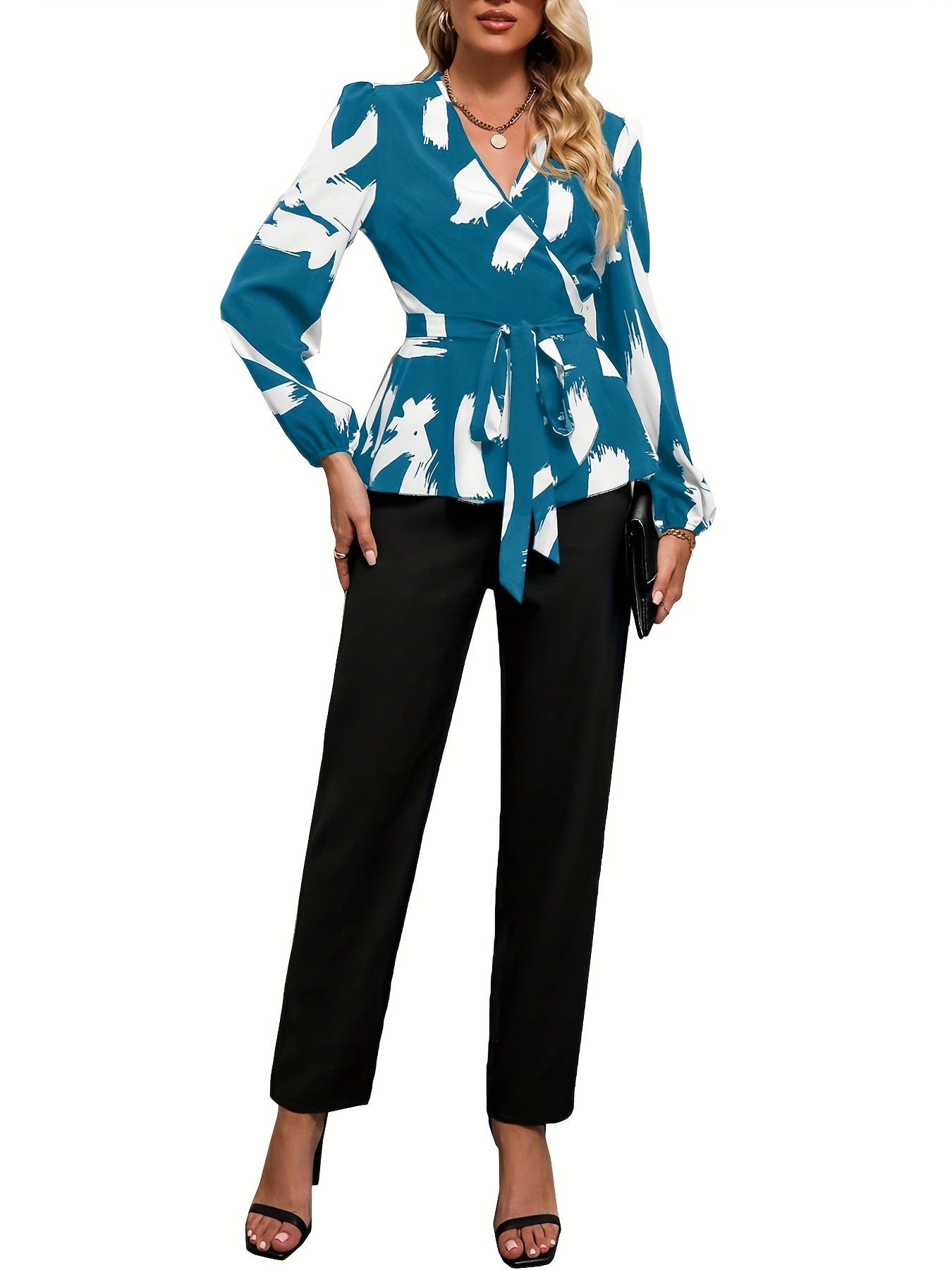 Surplice Neck Long Sleeve Blouse & Slim Pants Set