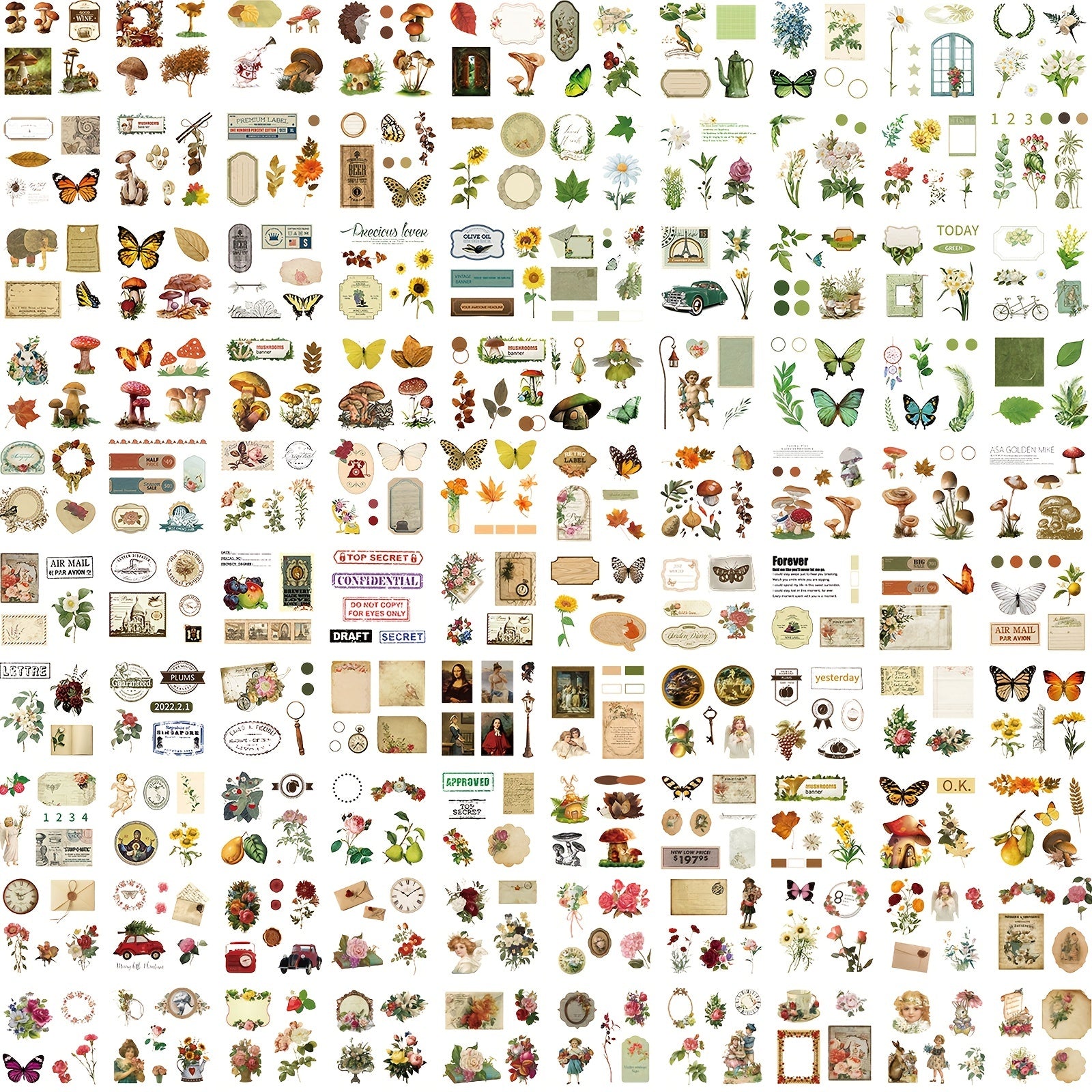 Vintage Floral Stickers Kit - Butterfly Mushroom Leaves