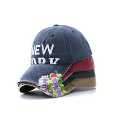 Vintage Washed Cotton Baseball Cap YORK Embroidery Flower Print Dad Hats