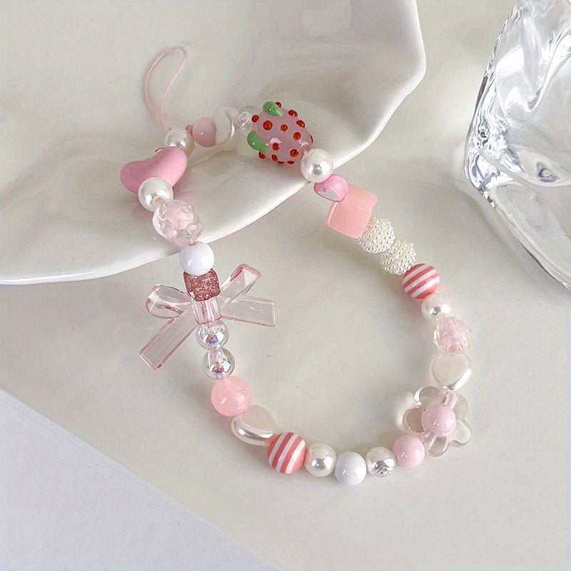 Strawberry Beaded Phone Chain Key Ring Lanyard Strap