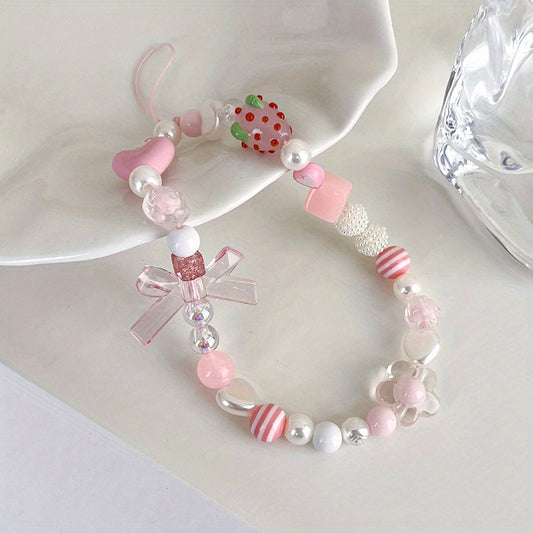 Strawberry Beaded Phone Chain Key Ring Lanyard Strap