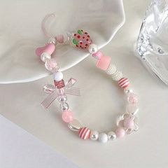 Strawberry Beaded Phone Chain Key Ring Lanyard Strap