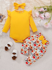 Baby Girl Floral Romper & Pants Set with Headband