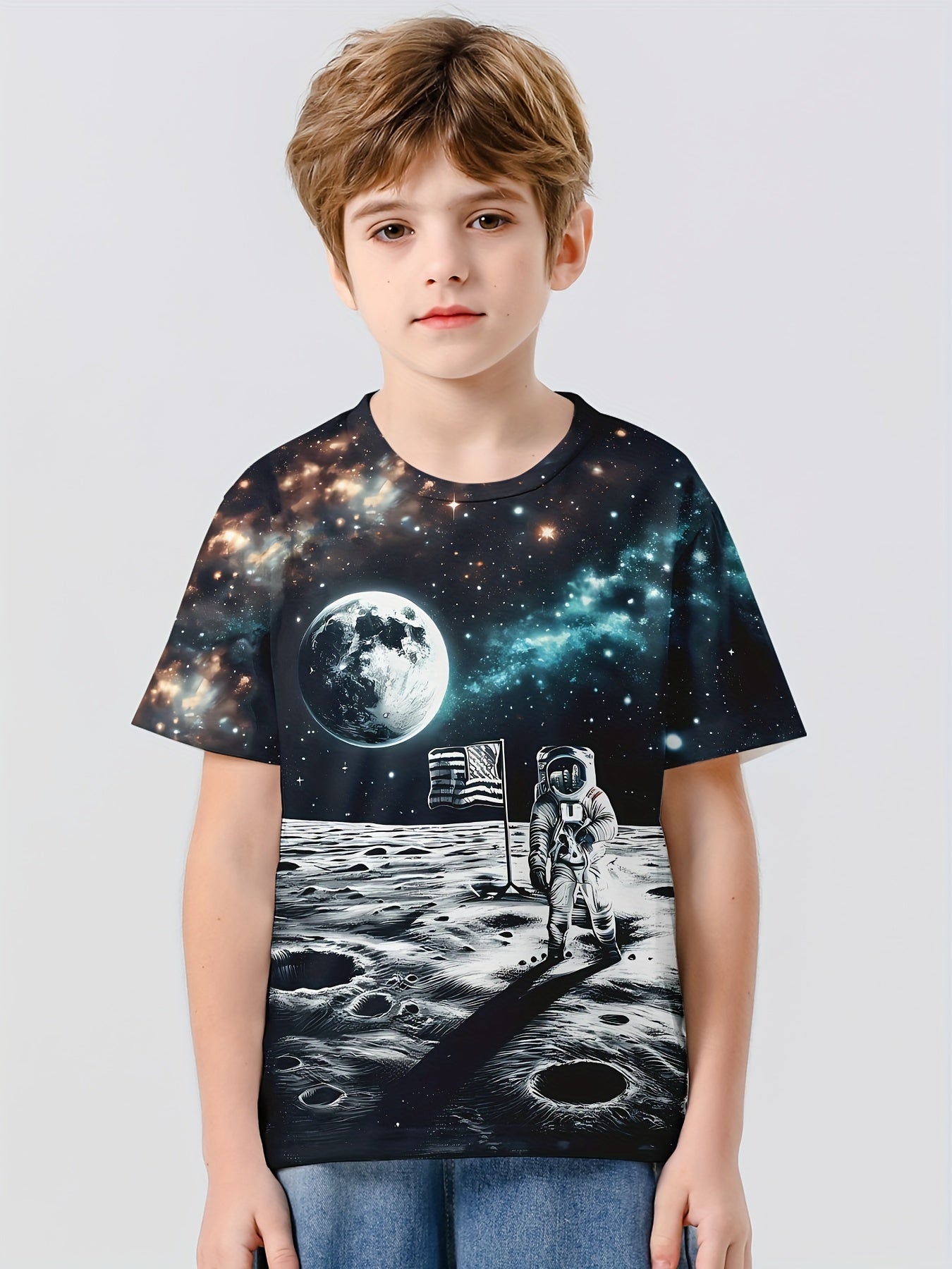 Astronaut on Moon 3D Print Boy's Casual Tees Short Sleeve