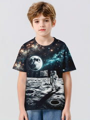 Astronaut on Moon 3D Print Boy's Casual Tees Short Sleeve